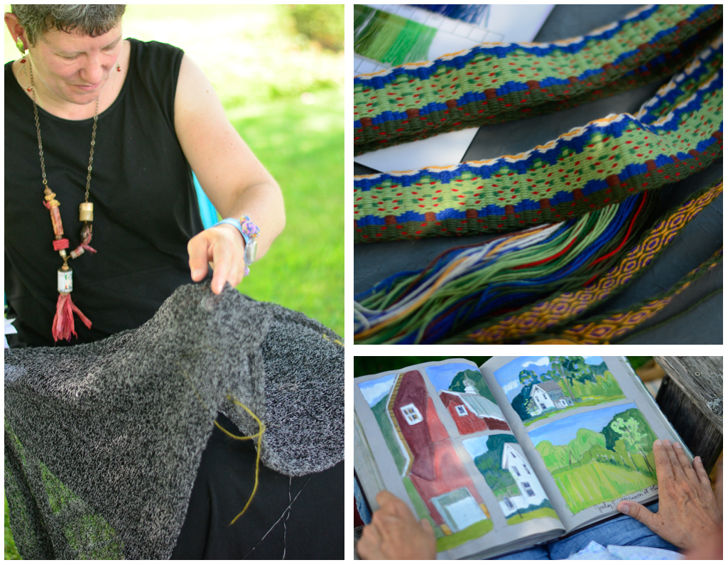 Nan and her infinite scarf in progress/ Barb B's apple tree card weaving/ Judith's journal