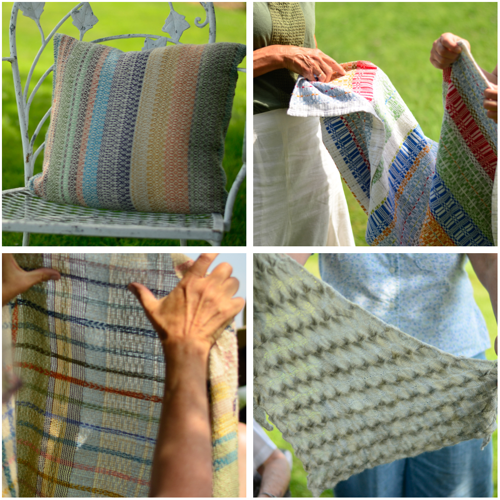 Elin's rosepath pillow/my table runner/ Judith's crackle weave fabric, Barb M's shawl